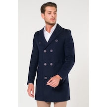 Erkek Kruvaze Lacivert Kışlık Slim Fit Kaşe Kaban-Lacivert