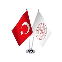 T.c. Sağlık Bakanlığı Ve Türkiye - İkili Paslanmaz Metal Krom Direkli Saten Masa Bayrağı 1