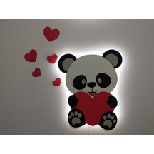 Çocuk Odası Dekoratif Ahşap Işıklı Kalpli Panda Gece Lambası Ledli Aydınlatma Seti