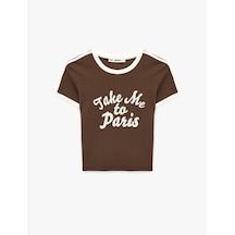 Koton Pamuklu Biyeli Slim Fit Kısa Kollu Bisiklet Yaka Baskılı Tişört Kahverengi 6sal10930ık Kahve