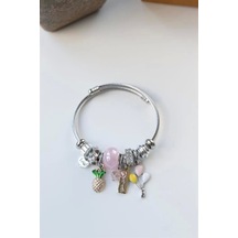 Çelik Charmlı Ananas Balon Bileklik - Pembe Çok Renkli