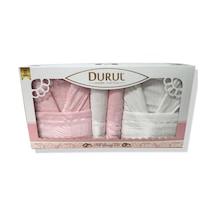 Durul Kadife Jakarlı Aile Bornoz Seti / Pembe - Krem Krem - Pembe