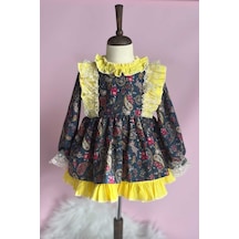 Sarı Fırfır Ve Dantel Detaylı Şal Desenli Özel Tasarım Kız Çocuk Bebek Elbise 001