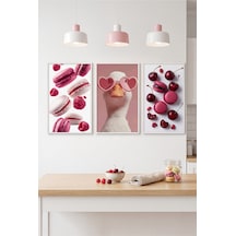 Beyaz Ahşap Çerçeveli Pembe Tatlı Temalı Duvar Tablosu 3 Lü Set Sevimli Ördek Ve Makaron Desenli Modern Dekorasyon Kabartma Görünümlüdür Beyaz