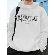 Startmore Manhattan New York Kelimeler Baskılı Erkek Kapüşonlu Üstleri Sonbahar Bol Sweatshirt Hip Hop Beyaz