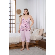 Büyük Beden Likralı Penye Kapri Pijama Takımı Pembe