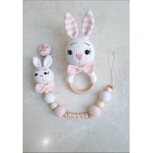 Amigurumi Çıngırak Seti Emzik Zinciri Set İsme Özel Beyaz - Pembe