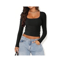 Kadın Siyah Kare Yaka Dantelli Uzun Kollu Crop Top Bluz