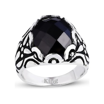 Kuyumcudukkani Fasetli Oval Kubbe Kesim Taşlı Gümüş Erkek Yüzük-60002-w-fblk 23 Beyaz