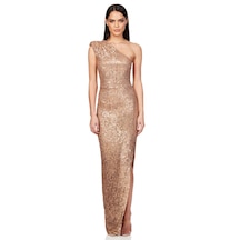 Hanife Glam Couture Tek Omuz Büzgü Detaylı Pulpayet Abiye Elbise Gold