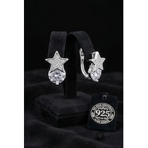 925 Ayar Rodyum Kaplama Zirkon Taşlı Tektaş Yıldız Klipsli Gümüş Küpe Rze10376