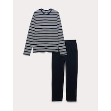 Marks & Spencer Saf Pamuk Çizgili Pijama Takımı T07000570 Lacivert