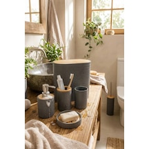 Makri Home 6'lı Banyo Seti, Bambu Kapaklı, Gri, Oval, 8 Litre Gri