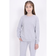 Toontoy Kız Çocuk Relax Fit Bisiklet Yaka Baskılı Sweatshirt - 2 İplik Gri