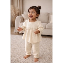 Babyhola Kız Bebek Çocuk Bayramlık Takım Dantel Detaylı Alt Üst Takım Set 2005 Bej
