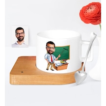 Kişiye Özel Öğretmen Karikatür Ahşap Altlıklı Seramik Fincan - 2