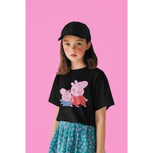 Sevbano Peppa Pig Baskılı Unisex Çizgi Film Çocuk Tişört 1-12 Yaş Siyah
