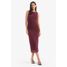 Defacto Bodycon Vücudu Saran Yuvarlak Yaka Tül Kolsuz Midi Elbise D8036ax25aubr232 Bordo