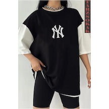 Startmore Startmore Siyah Oversize Çift Renk Ny Yank Sesi Yazı Baskılı Unisex Tshirt Beyaz