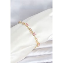 Pirinç Gold Renk Pembe Zirkon Taşlı Çiçek Model Kadın Bileklik Tj-bb8538 Çok Renkli
