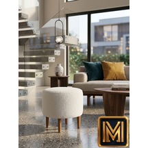 Soft 01 Yuvarlak Puf Koltuk Yumuşak Doku Nubuk Kumaş Modern Tasarım Dekoratif Puf Ahşap Ayaklı Oturma Pufu Şık Ve Konforlu Salon Ve Yatak Odası Pufu İskandinav Buklet Boucle Bohem Tabura Etnik Balkon Beyaz