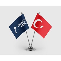 Mavi Anahtar Parti Bayrağı Ve Türk Bayrağı İkili Saten Masa Bayrağı Takımı Diğer