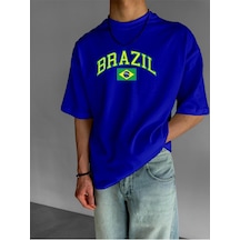 Brazıl Baskılı Oversize Tişört Saks Mavisi