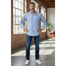 Klasik %100 Cotton Uzun Kollu Terletmeyen Kışlık Flanel Kumaş Renkli Çizgili Gömlek Regular Kalıp -10520 İndigo Mavi