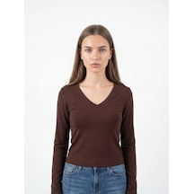 Slim Crop Fit Kadın Tshirt U.kol Kahverengi