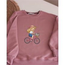 Kız Çocuklar İçin Bisikletli Kız Baskılı Pudra Rengi Sweatshirt Pudra