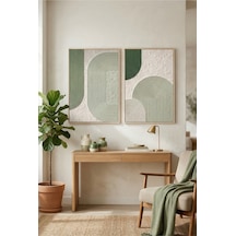 Doğal Ahşap Çerçeveli Yeşil Geometrik Soyut Modern Duvar Tablosu 2 Li Set Kabartma Görünümlü Ahşap
