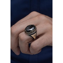 Yüzük Sanatı Oval Siyah Taşlı İsimli Harfli 925 Gümüş Erkek Yüzük