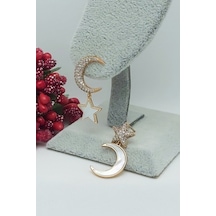 Rose Altın Kaplama Vip Seri Sedefli Ay Yıldız Küpe 2,4 cm Rose Gold