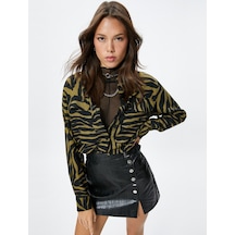 Koton Crop Gömlek Zebra Desenli Kapaklı Cepli Düğmeli Uzun Kollu Haki Desenli 4wak60128pw 4WAK60128PW8D7 Haki