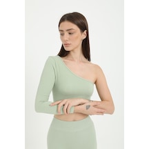 Tek Omuz Crop Top Su Yeşili -m Altın - Beyaz