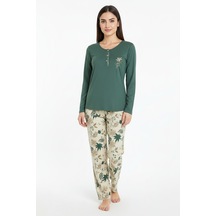 Üstü Yazılı Altı Yaprak Desenli Elite Viscose Uzun Pijama Takımı Yeşil 3565 Yeşil