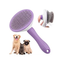 Mor Basmalı Kedi Ve Köpek Tarağı Otomatik Temizlenen Pet Fırçası Paslanmaz Çelik İğneli Ergonomik