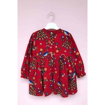 Pazen Kırmızı Kuş Desenli Kurdeleli Kız Çocuk Bebek Elbise 001