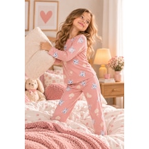 Free Beka Desenli Bisiklet Yaka Süet Kumaş Kız Çocuk Uzun Kollu Pijama Takımı Pembe