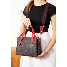 Just Polo Kadın Orijinal Ayarlanabilir Askılı Şık El Ve Omuz Çantası Shopper Ebat : 18 X 25 Cm Kahverengi - Kırmızı
