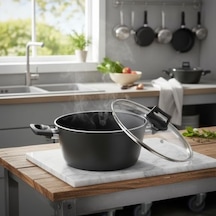 Buzz 22 Cm Derin Tencere - Yeşil Siyah Granit Efektli Yanmaz Yapışmaz Cam Kapaklı Yemek Tenceresi