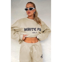Madmext Bej Bisiklet Yaka Baskılı Sweatshirt Mg1904 Bej