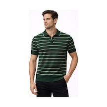 Erkek Triko Polo Yaka Fermuarlı Çizgili Tişört T-shirt Yazlık Şık - Yeşil