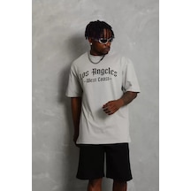 Yake Store Unisex Oversize Baskılı Bisiklet Yaka T-shirt - Gri - Gri Beyaz