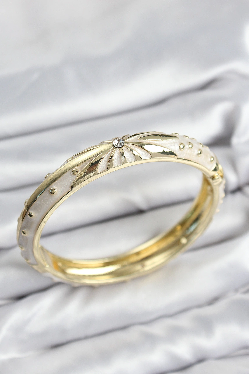 Tua Moda Mineli Pirinç Zirkon Taşlı Bej Desen Motifli Gold Kadın Kelepçe Çok Renkli