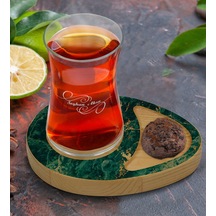 Kişiye Özel Mermer Tasarımlı Doğal Ahşap Tabaklı Heybeli Çay Bardağı Sunum Seti Model 11