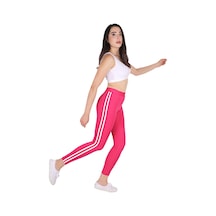 Kadın Şerit Çizgili Detay Yüksek Bel Spor Tayt Pembe