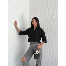 Z Krep Kadın Crop Yakalı Gömlek İlik Düğmeli Üç Çeyrek Sleeve Kol - Siyah Siyah