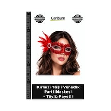 Kırmızı Taşlı Venedik Parti Maskesi Tüylü Payetli Özel Gün Ürünü Göz Alıcı Sahne Aksesuarı "