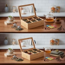 Bambu Organizer, Çay Kutusu,  Takı Kutusu, Mıknatıslı Kapak,  Premium Kalite 6 Şeffaf Kapak çok renkli